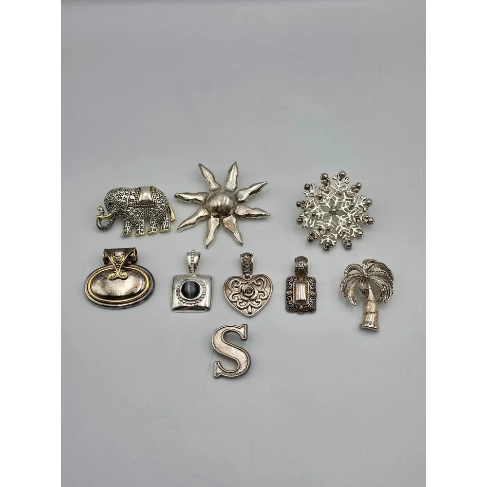 Lot of 9 Jewelry OS Silver Good Pendants‎ Brooches Elephant Sun Heart pendant